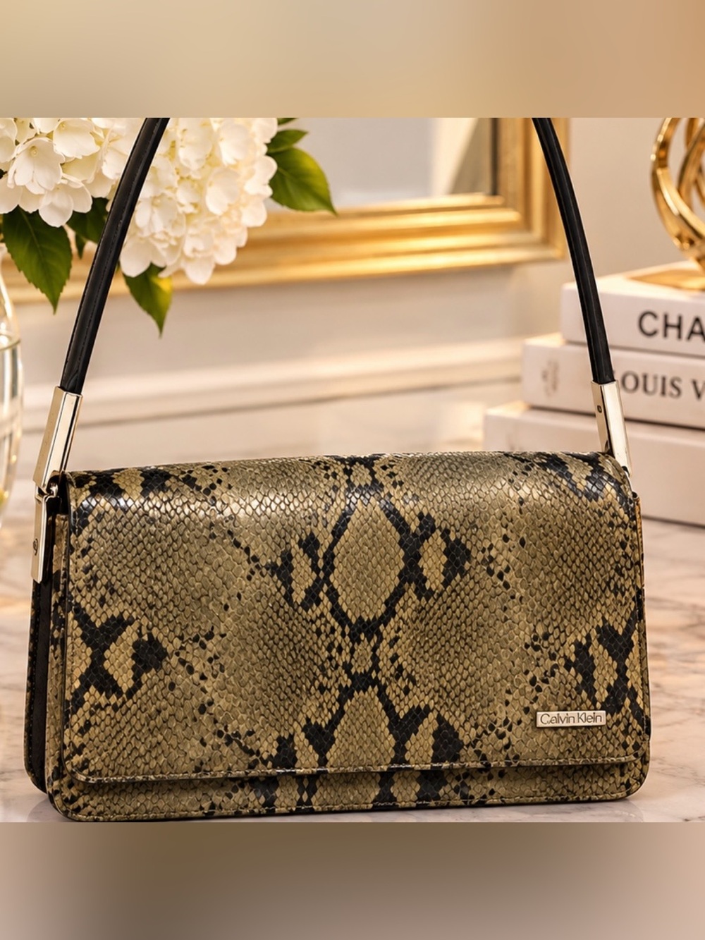 Calvin Klein Olive Snake-Print Shoulder Bag with Black Accents